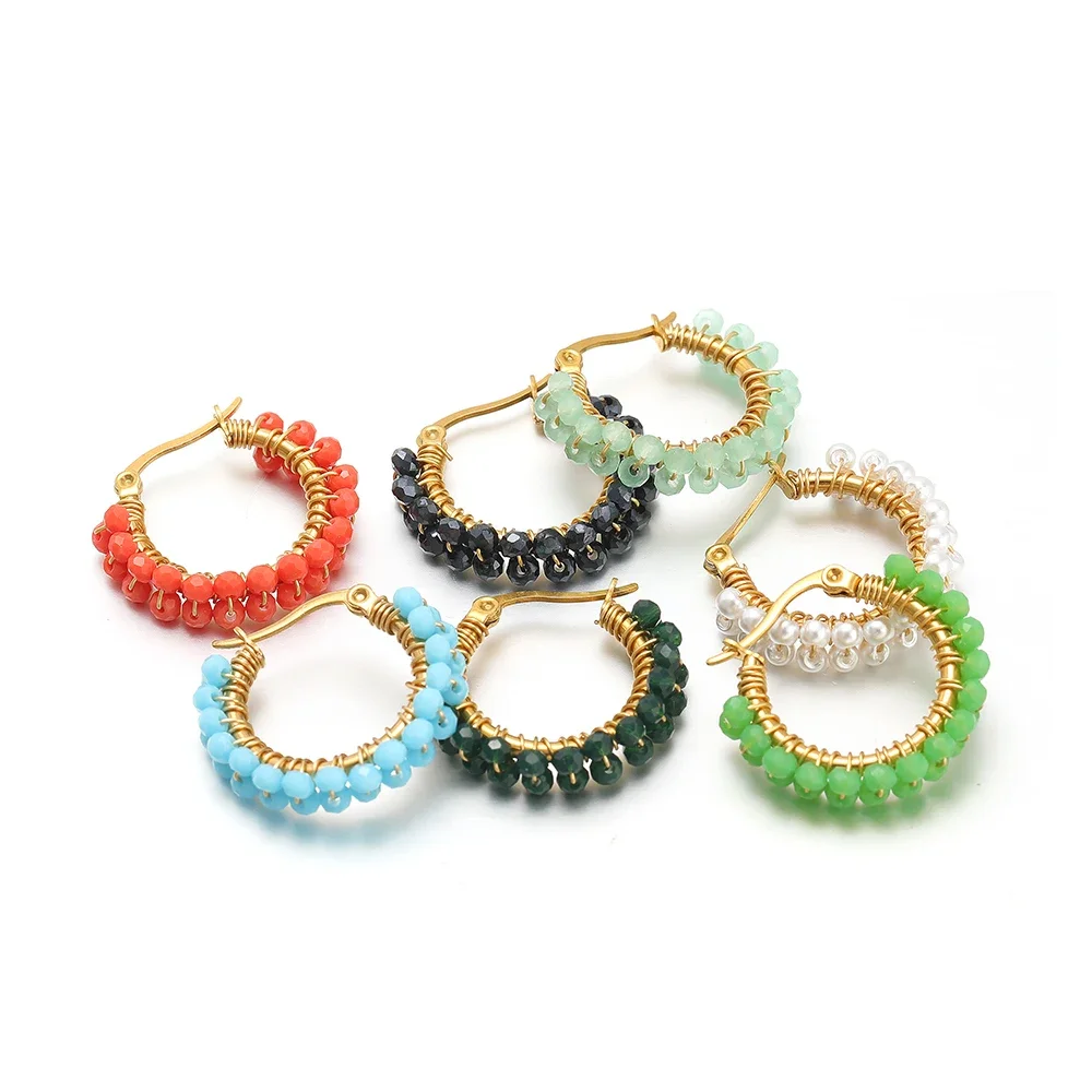 1 Pair Stainless Steel Hoop Earrings Crystal Beads Winding Earrings Fashion Gold-plated Earrings Women Trend Jewelry Gifts Bulk