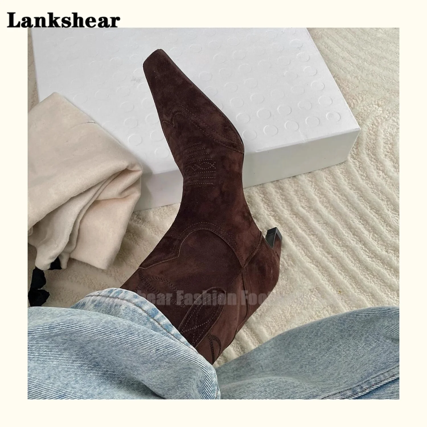 Vintage Embroidery Kitten Heel Ankle Boots Women\'s Western Suede Booties Fall/winter Leather Stiletto Boots Botas Women\'s Boots