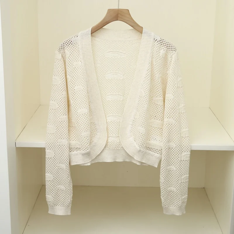 Summer Air-Conditioned Room outside Knitted Silk Cotton Blend Hollow Cardigan Short Spring and Autumn Tops Long Sleeve