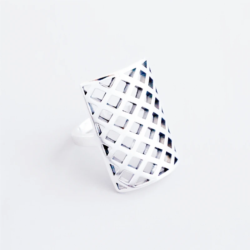 Mesh Hollow Personality Geometry Cool Retro 925 Sterling Silver Female Resizable Opening Rings RI434