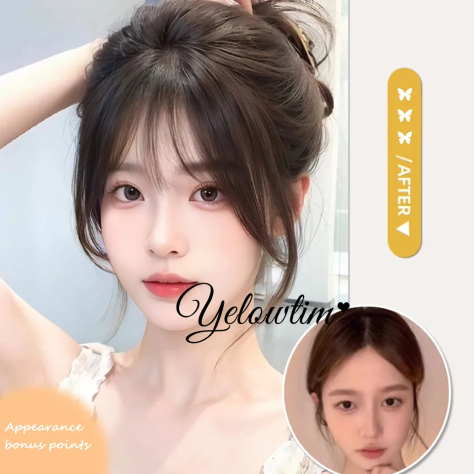 YELOWTIM Synthetic Topper Hairpiece False Bang Clip-In Bangs Extension Natural Fake Fringe Invisible Clourse Hairpiece for Women image 5