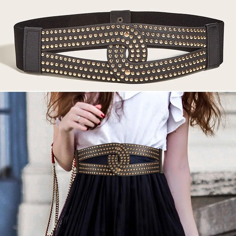 เข็มขัดหนังยืดสไตล์วินเทจสำหรับชุดลำลอง  พร้อมสายรัดเอวแบบคอร์เซ็ทประดับหมุด  หรูหรา  แบบกว้าง