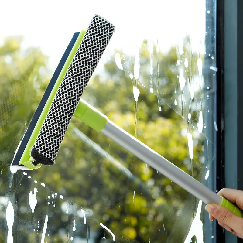 Long Handle Window Scraper Glass Cleaning Brush 2 in 1 Adjustable Squeegee Sponge Window Glass Cleaner Wiper