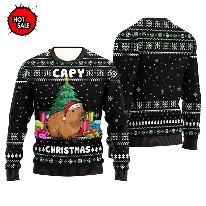 Cute Capybara Pattern Ugly Christmas Sweater Long Sleeve Pullover for Adult And Kid Warm Festive Family Outfit Apparel