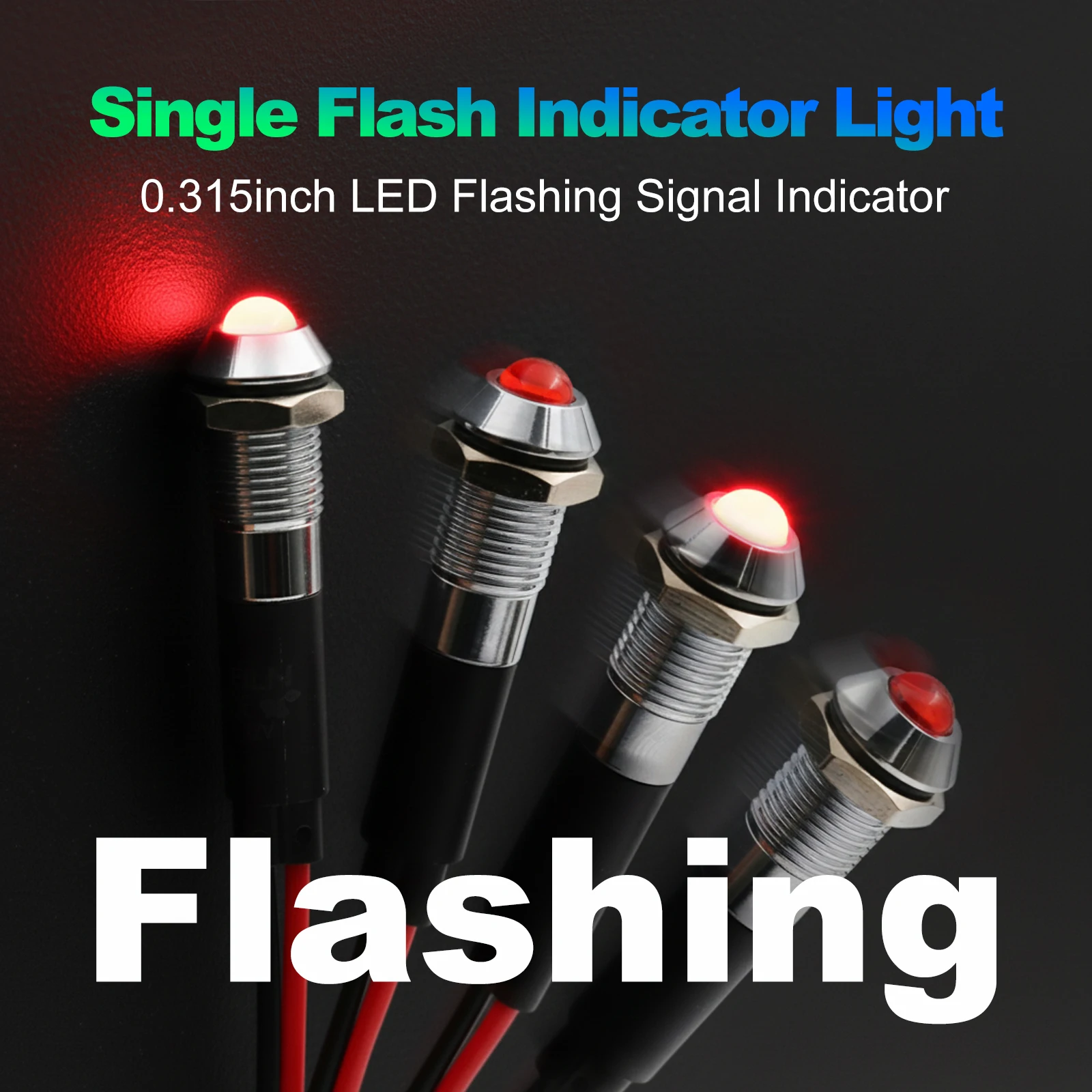 FILN 8mm 0.315in Single Flash LED Metal Indicator Light 12V High Head Flashing Signal Lamp Pre-Wired 20cm for Car Boat Industry