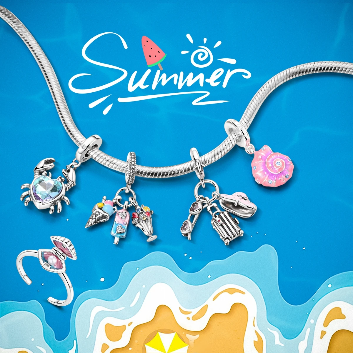 New Summer 925 Sterling Silver Charms Beads Pendants Ocean Turtle Beach Fruit Shell Blue Charm DIY Women Bracelet Jewelry Gift