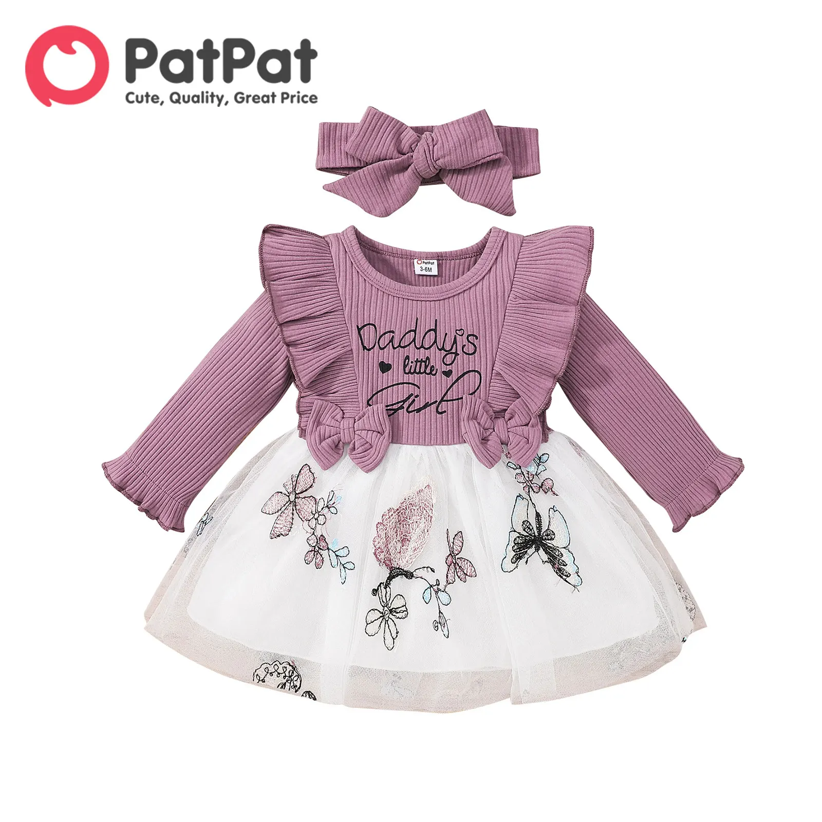 PatPat Baby Dress Baby Girl Clothes New Born Infant Party Dresses Newborn Rib Knit Bowknot Butterfly Embroidered Mesh Set