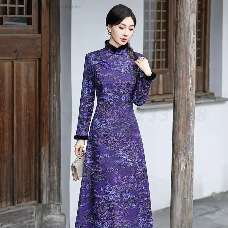 

Большой размер 5XL Ao Dai Cheongsam Ретро улучшенное элегантное Ципао осень-зима восточное китайское традиционное платье вечернее платье