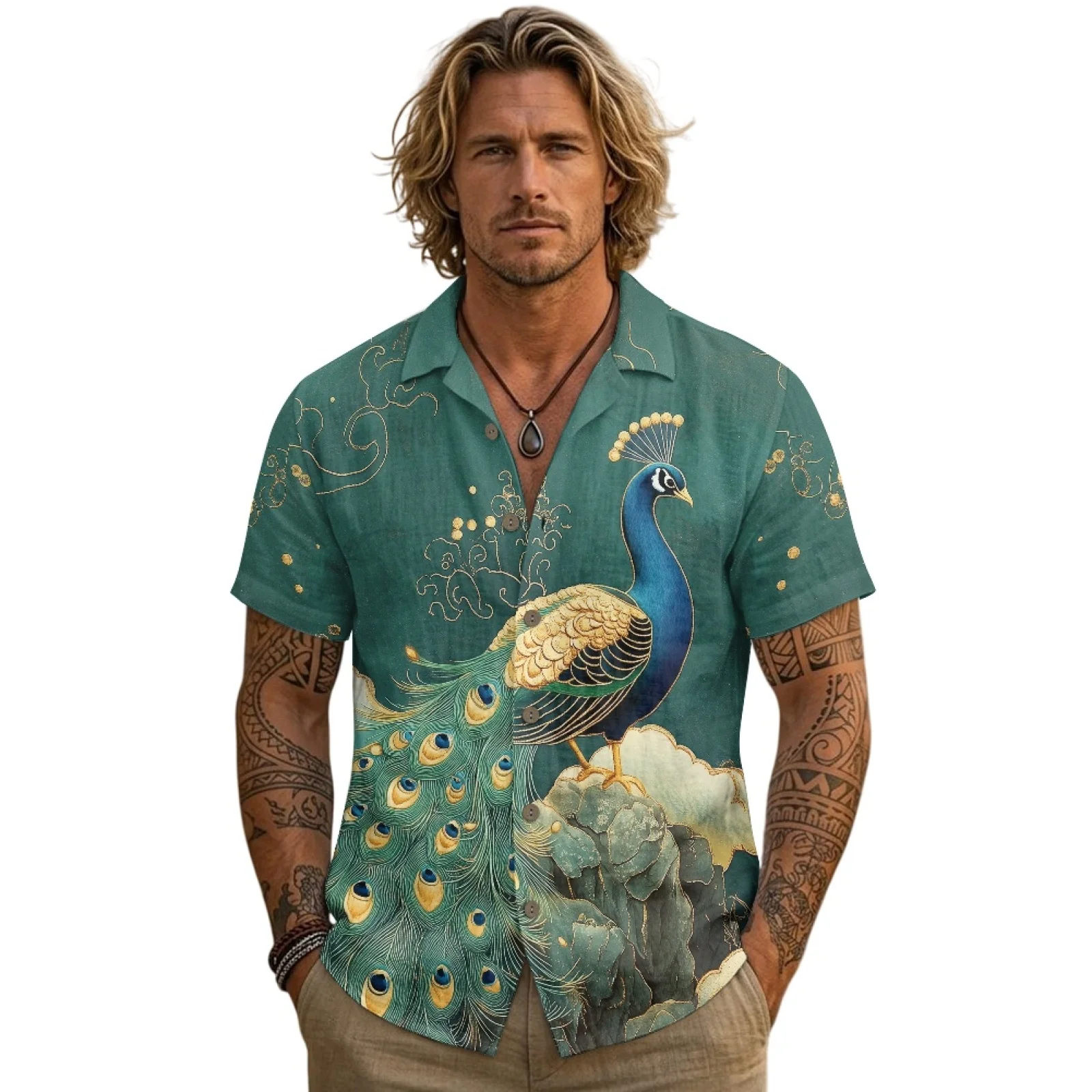 PENSTROLL Teal Peacock Linen Style Hawaiian T Shirts Lapel Mens Short Sleeve T-shirt for Outdoor S-3XL