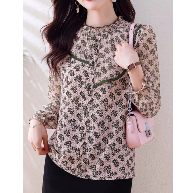 2023 Women Ruffled Floral Print Sweet Shirts Fashion Elegant Chic Chiffon Blouse Casual Long Sleeve Loose Tops Blusas Para Mujer