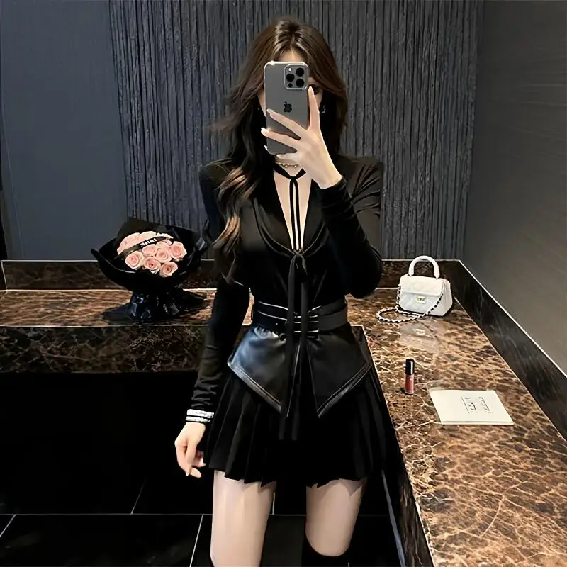 Spring Autumn Fashion Women Clothing French Cool New Collection Waist Tops High Waist Pleated Skirt Two Piece Set Wearing Style