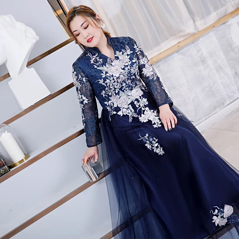 

Chinese Large Size Fat Mm Thin Navy Blue Long-sleeved Art Test Performance Clothes 2024 New Banquet Annual Meeting Host Dress