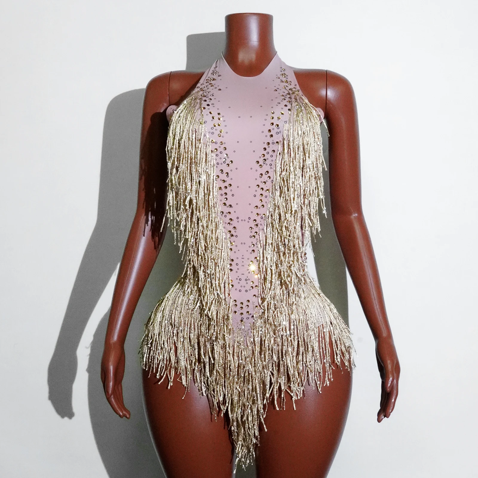 새로운 스타일 레이디 프린지 섹시하고 반짝 이는 라인 석 점프 슈트 여성 파티 바 나이트 클럽 여성 가수 공연 및 댄스 의상