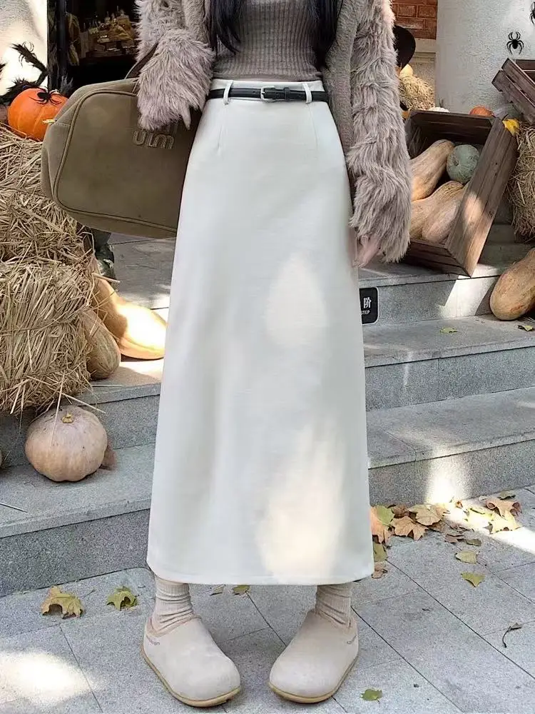 High Quality Niche Temperament Woolen Suit Skirt Women's Autumn Winter New Casual Rear Fork A-Line One-step Hip Long Dress