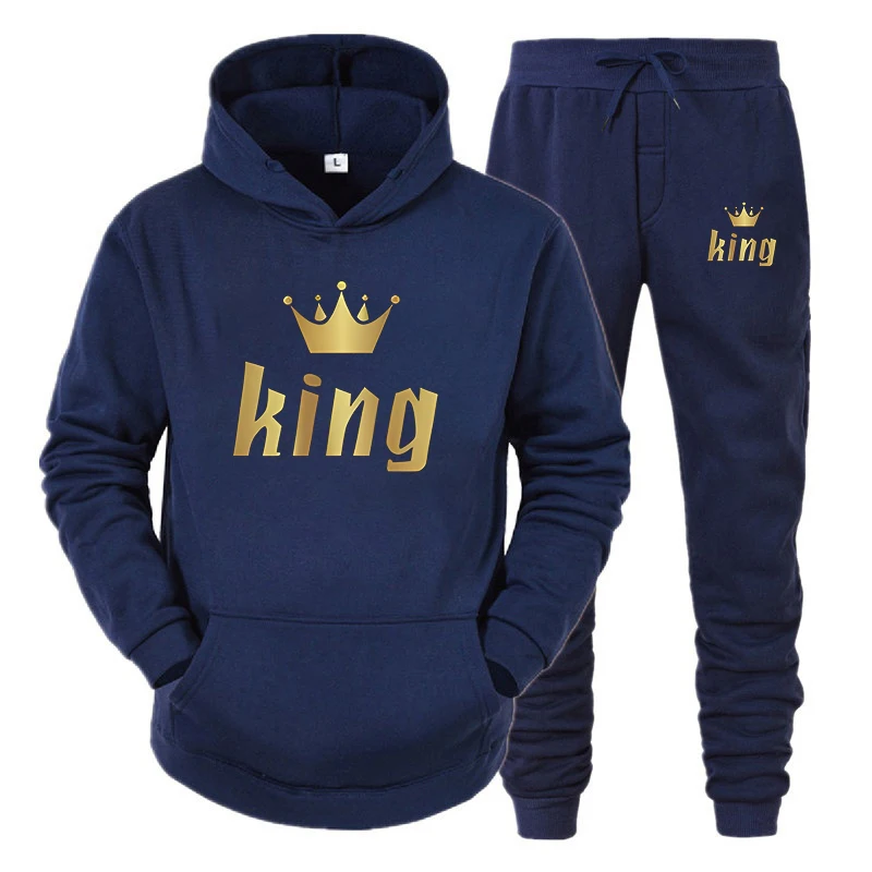 Mode Lange Mouwen Koning En Koningin Bedrukte Capuchon Pakken Herfst Winter Paar Hoodie Broek 2-delig Pak