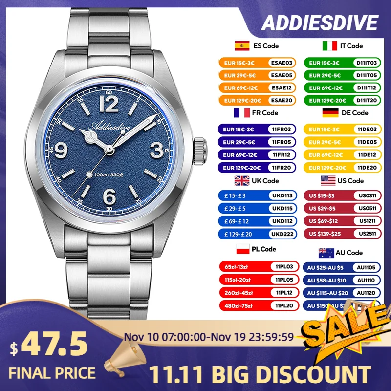 ADDIESIDIVE Luxury Men’s Watch VH31 Japan Quartz 36mm 316L Stainless Steel BGW9 Lume 100M Waterproof Bubble Glass Retro Diver