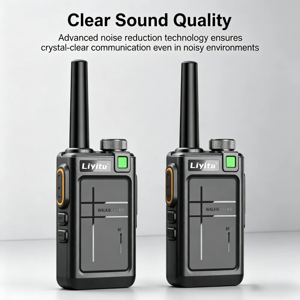 2台セットのuhf-400-470mhz対応双方向無線機。長距離通信が可能で、type-c充電、vox機能、16チャンネルを搭載。建設現場や倉庫での使用に最適。