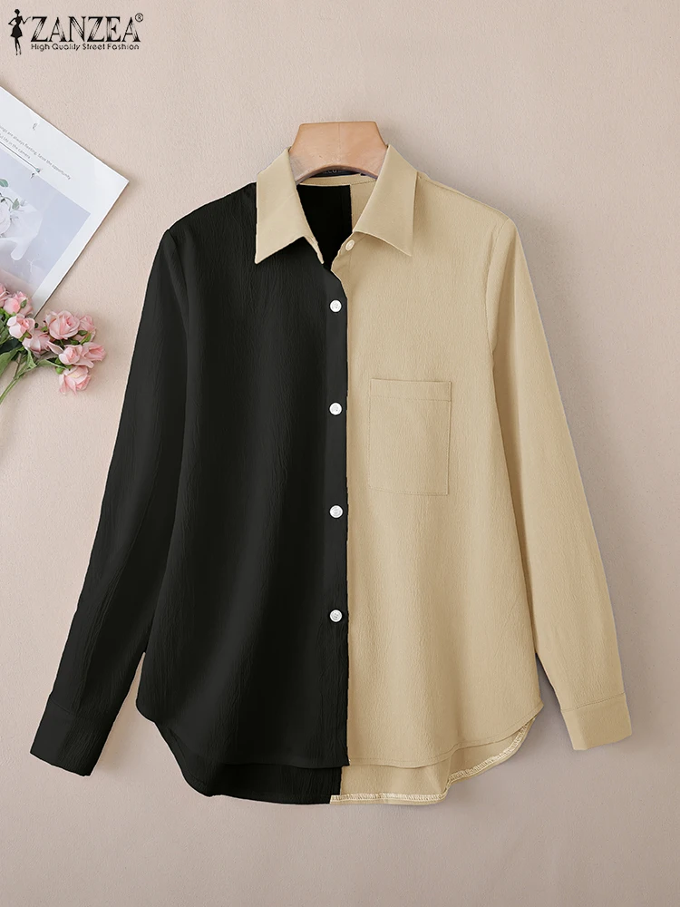 2025 ZANZEA قمصان مكتب الخريف المرقعة القمم أنثى OL العمل بلوزة أزرار Blusas أنيق المرأة التلبيب الرقبة طويلة الأكمام قميص #2