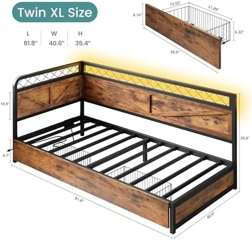 Corner Bed Frame Twin XL DayBed with Storage Drawers, Brown | LED Lights, Charging Station, No Box Spring Needed, Heavy