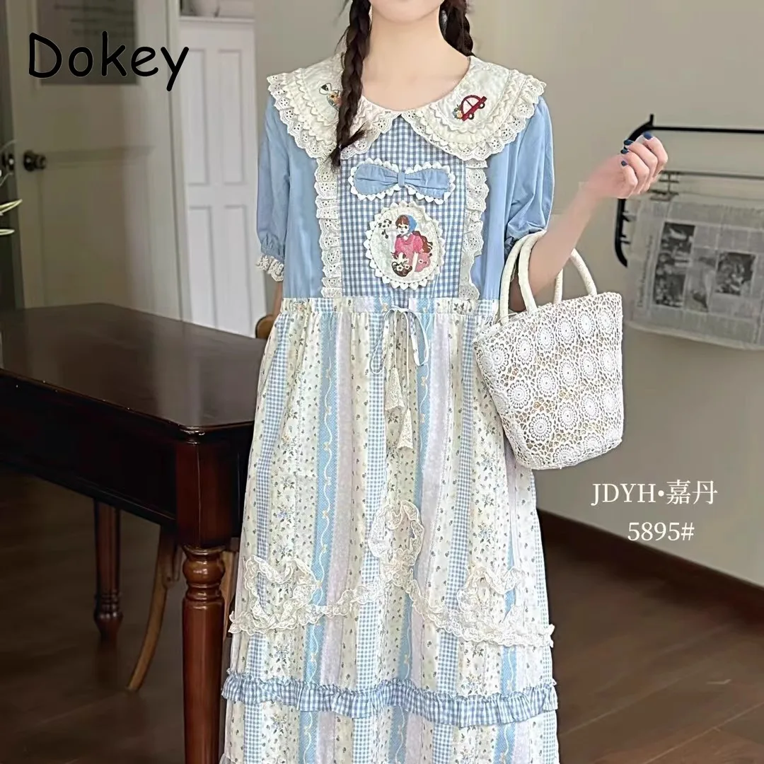 

Summer Lolita Kawaii Blue Dress Women Japanese Ruffle Puff Sleeve Party A-Line Dress Vintage Doll Collar Fairy Vestido Elegant
