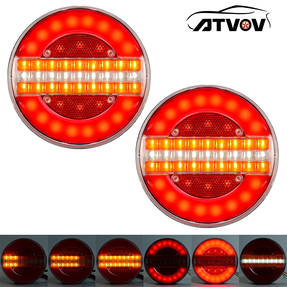 ATVOV 2pcs LED 12V 24V Round Tail Light Sequential Dynamic DRL Flow Trun Signal Reverse Rear Brake Stop Lamp Truck Trailer Lorry