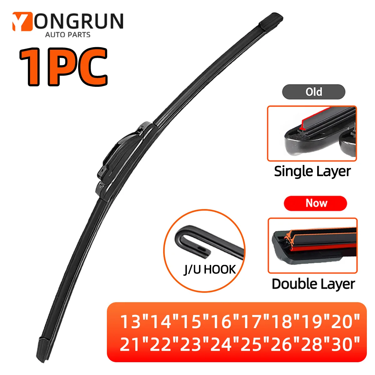 YONGRUN 1 Stück Doppelgummi-Wischerblatt 13"14"15"16"17"18"19"20"21"22"23"24"25"26"28"30" Auto-Windschutzscheibenwischer Universal J/U-Haken