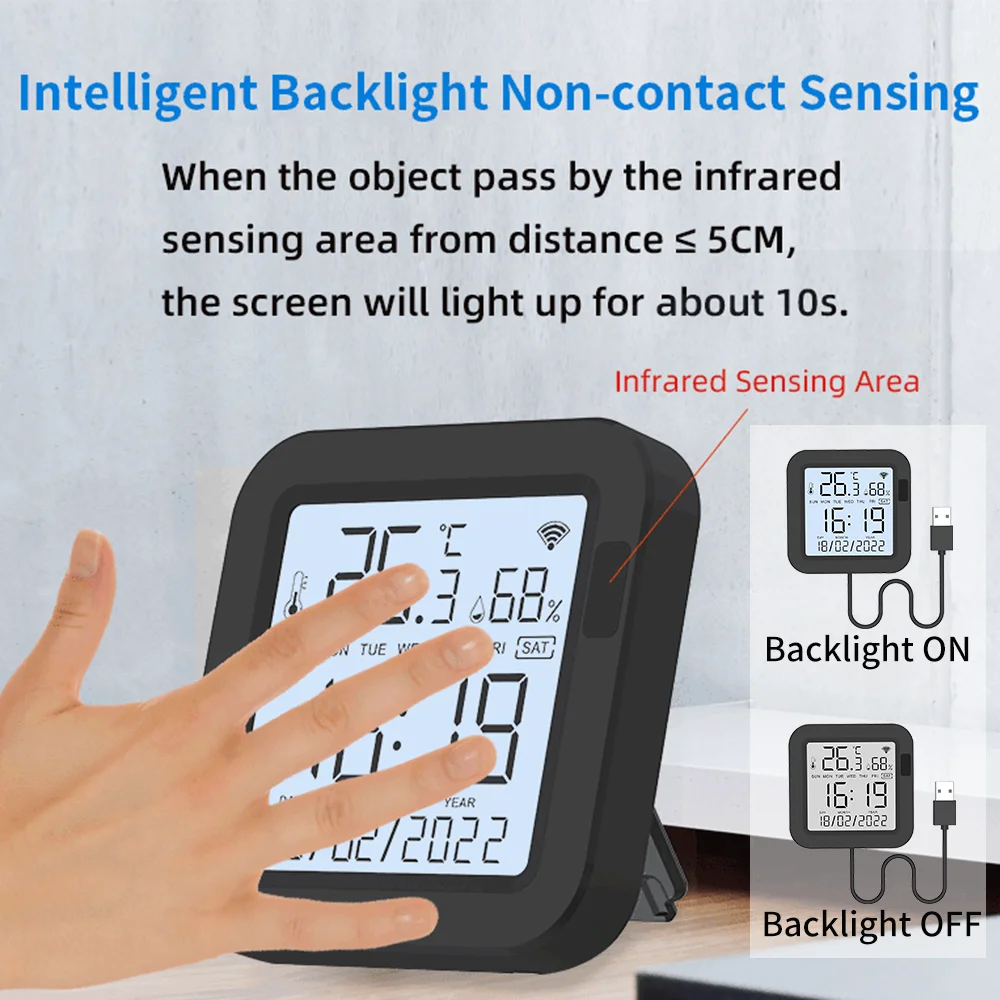 Tuya Temperature And Humidity Sensor With Built-In Infrared Remote Supports Smartlife App Comes With A Backlit Lcd Display