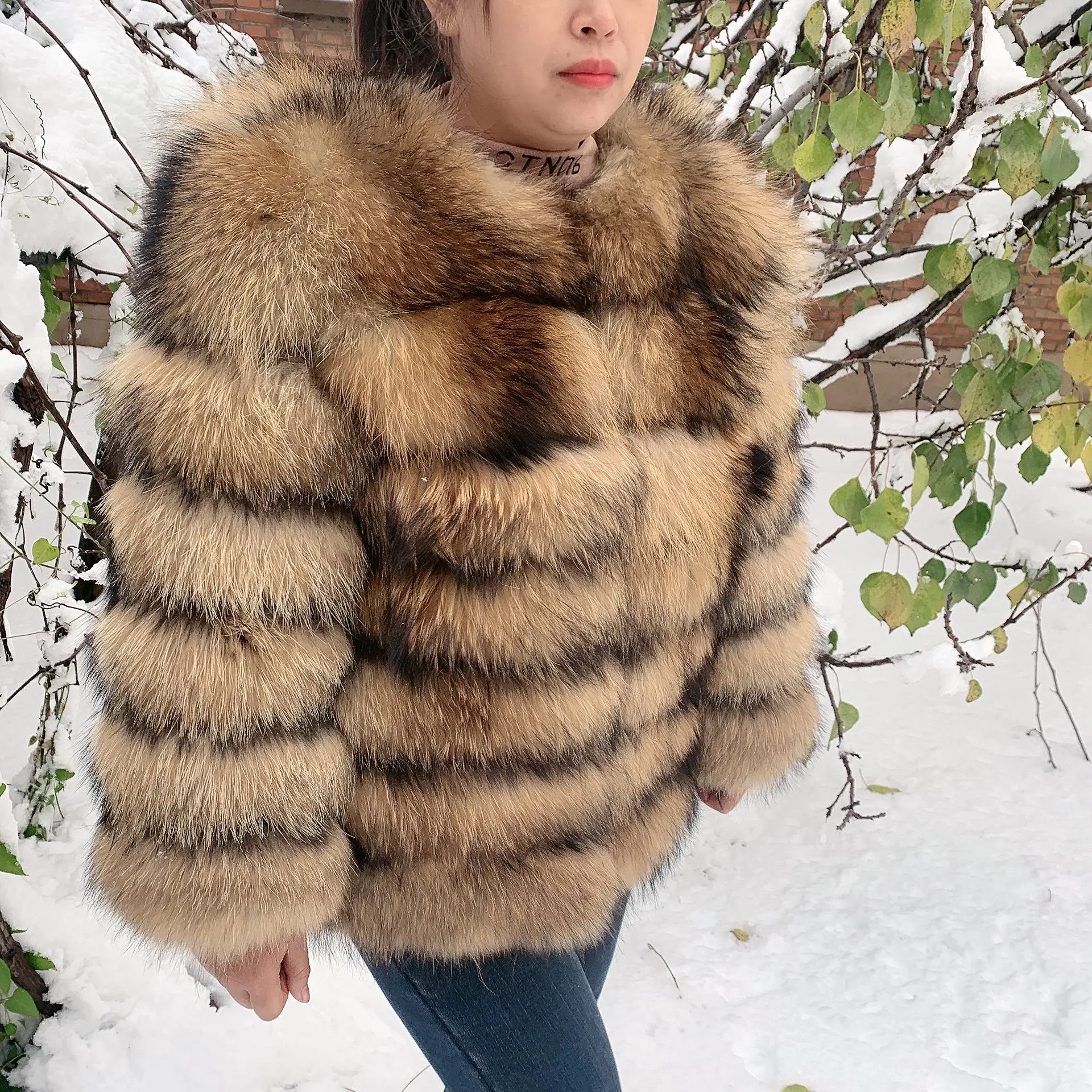 New Women\'s Raccoon Fur Coat 100% Real raccoon Fur Jacket Ladies Winter warm Luxury fluffy fur coat free shipping