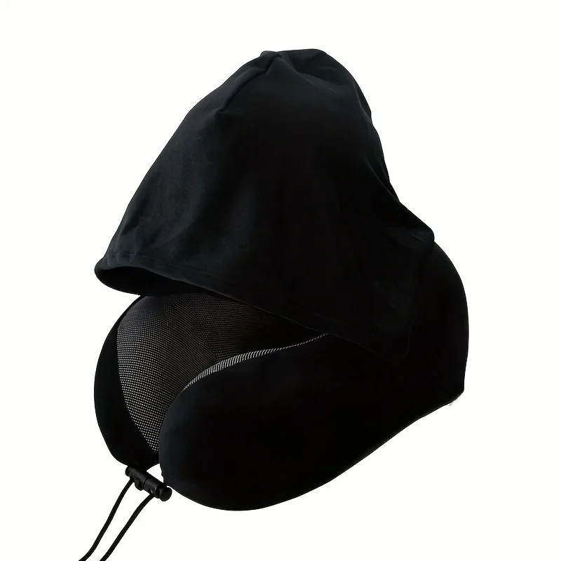 Memory Foam Hooded U-Shaped Travel Pillow with Detachable Cover Portable Neck Support for Airplane Office Nap Car and Home Use