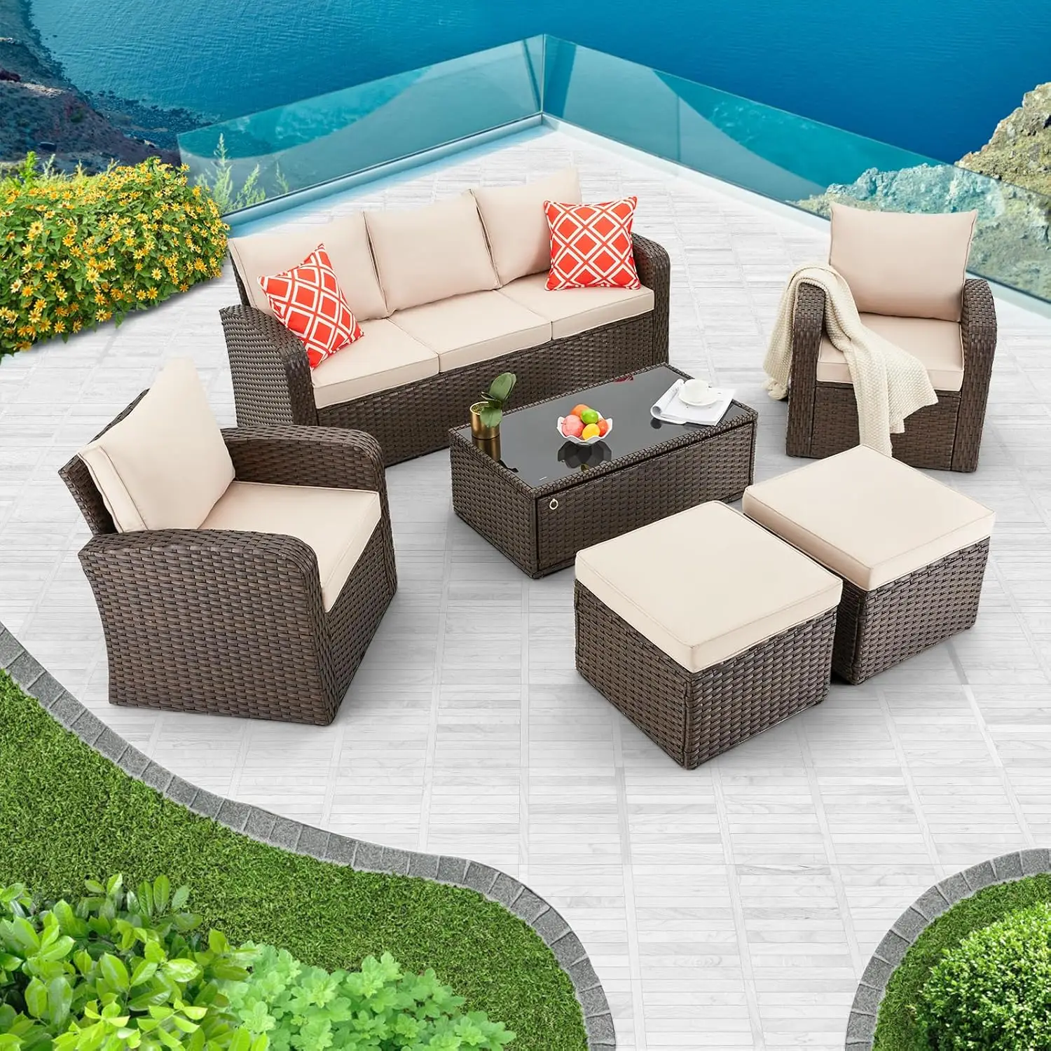 

6 Pieces Patio Furniture Sets,Wicker Patio Conversation Sets with Storage Glass Table,Sectional Sofa w/Ottomans,Cushions&Pillows