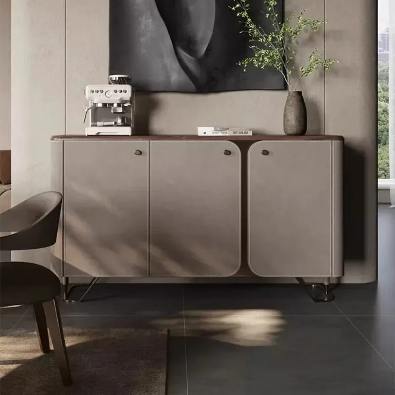 Saddle leather dining side cabinet Italian solid wood walnut wall locker premium living room integrated porch cabinet storage ca