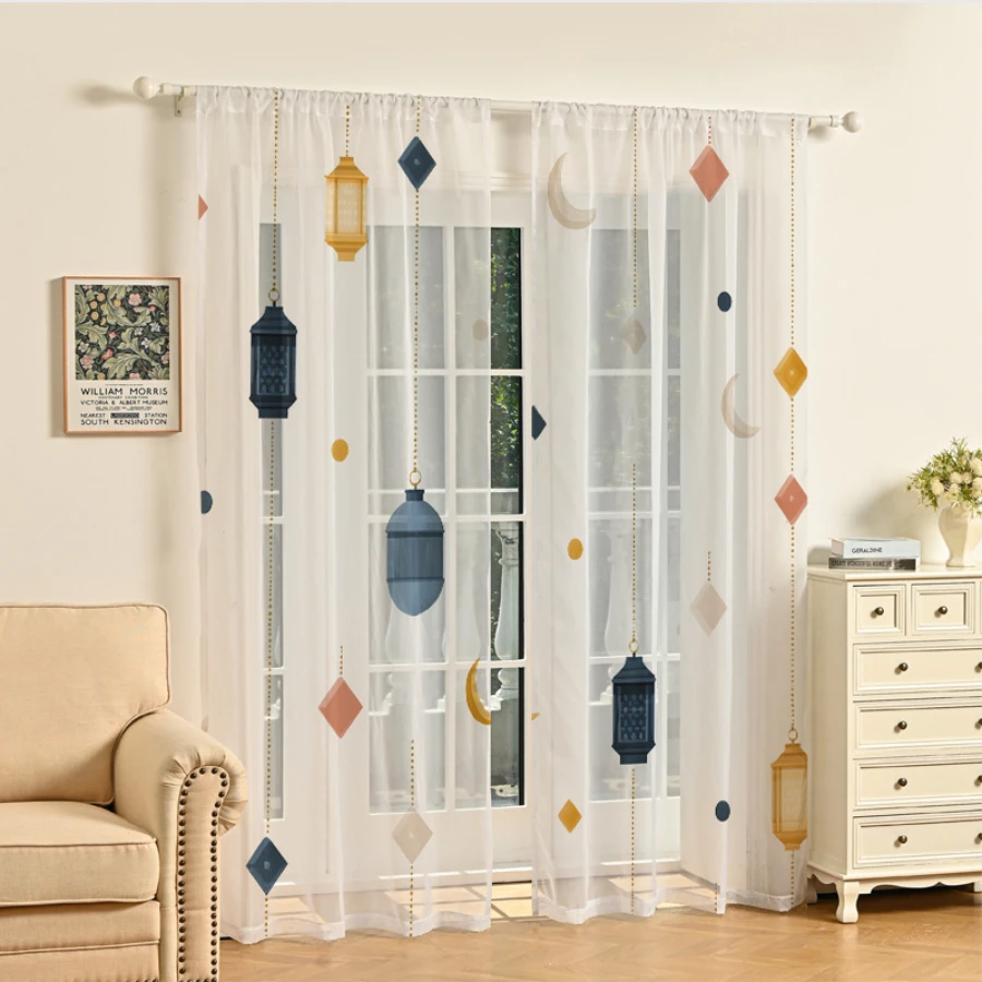 2PCS Digital Print Sheer Curtains, Color Block Geometric Lantern, Modern Bold Ramadan for Bedroom Living Room Home Decor