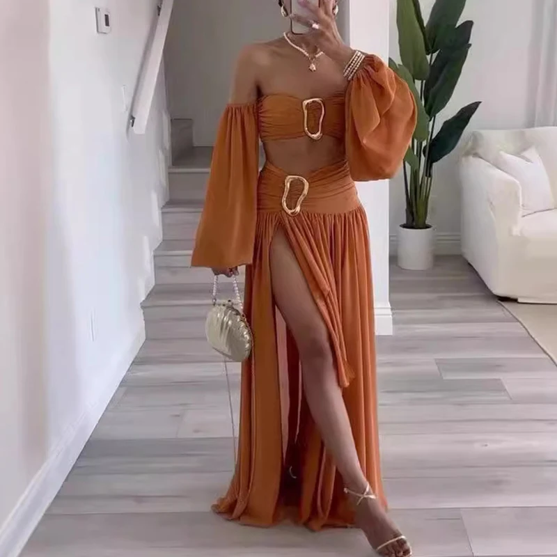 Women Solid Color Party Chiffon Suit All Match Pleat High Slit Sets Luxury Lady One Shoulder Long Sleeve Top&Long Skirts Suit