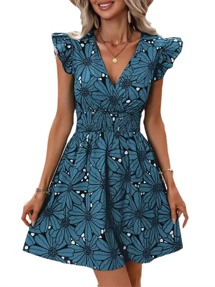 Hot New Fashion Summer Women Dress Elegant Vintage Retro Floral Print Ruffles Sleeve Casual Office Beach Dresses