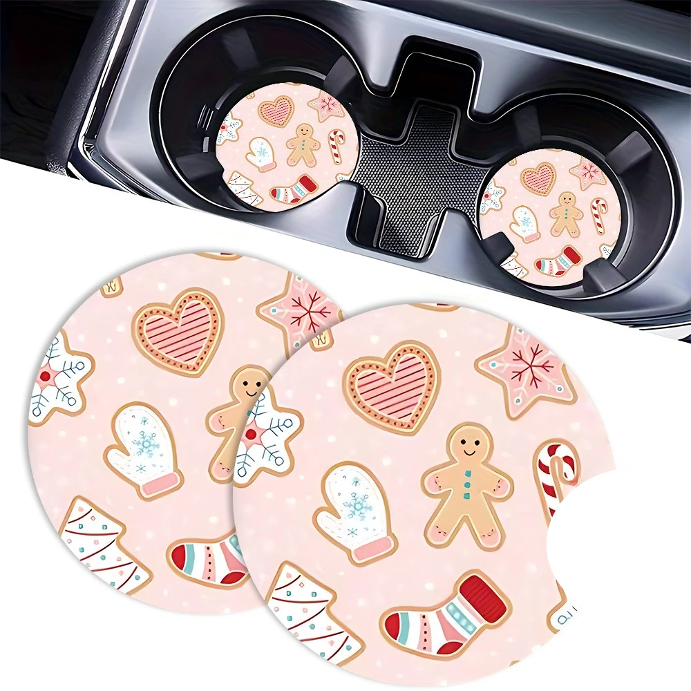 2pcs Pink Christmas Car Coasters Cute Cartoon Gingerbread for Man, Candy Cane Snowflake Design Non-Slip Rubber Mats