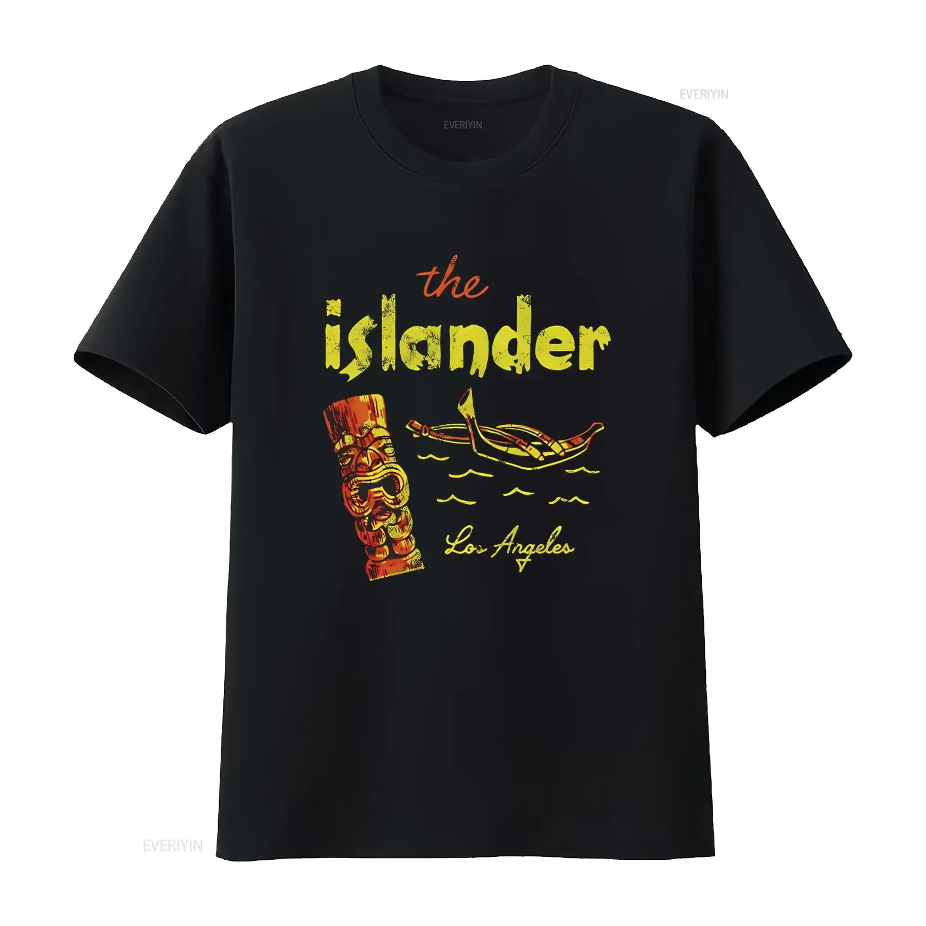 Camiseta Retro Tiki Bar The Islander Los Ángeles CA con Diseño Polinesio, Estampado de Canoa y Estatua, Vintage, Lavada, Transpirable y Suave