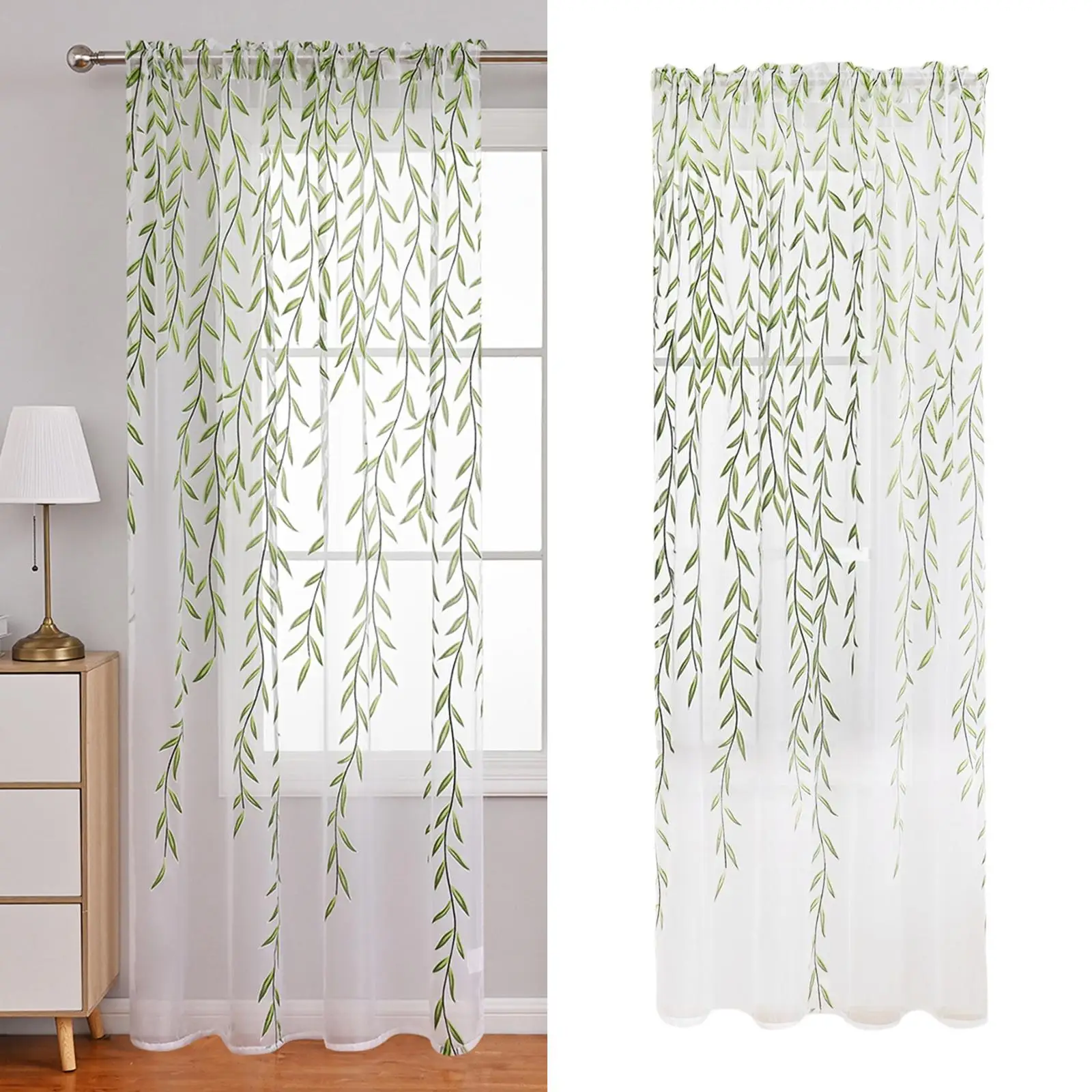 Embroidered Sheer Curtain Green Window Drapes Machine Washable Length Curtains Willow Leaves Print for Bedroom Floor Living Room