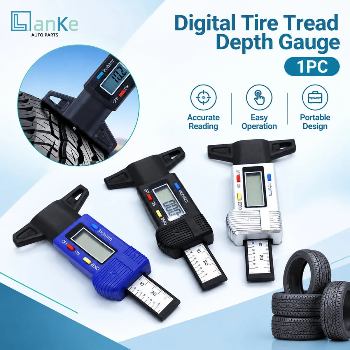 LANKE Digital Tire Tread Depth Gauge 0-25.4mm/0-1in High-Resolution Portable Automotive Tire Wear Measurement Tool