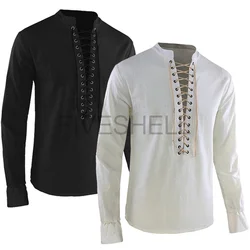 Erwachsene Männer mittelalter liches Kostüm Wikinger Piraten Top Shirt Kostüm Renaissance Gothic Retro Cosplay solide Langarm Bandage Retro Top