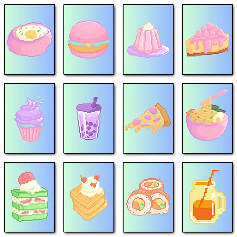 Cartoon Pixel Art Food and Drink Poster Print Bubble Tea Cupcake Canvas Painting Wall Art Picture for Kitchen Kids Room Decor