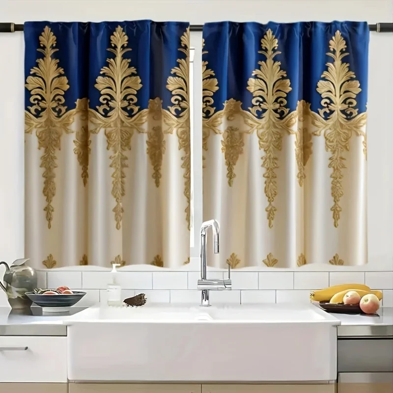 2-piece set of palace style blue and gold patterned curtains with pole bag design, suitable for bedrooms and living rooms