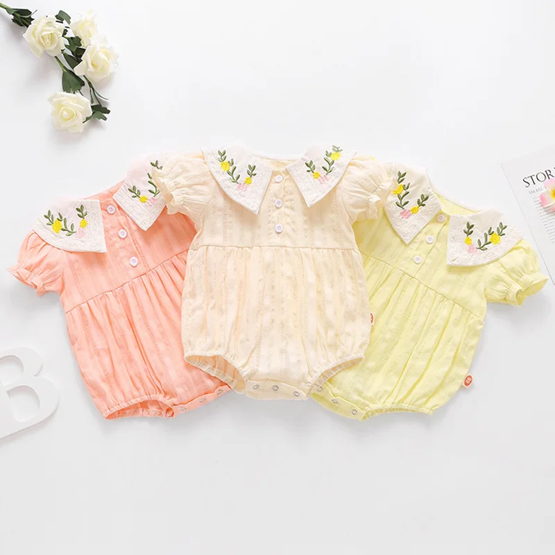 

2024 New Summer 0-24M Children Clothes Infant Baby Girls Bodysuits Short Sleeved Cotton Embroidery Toddler Baby Girls Jumpsuit