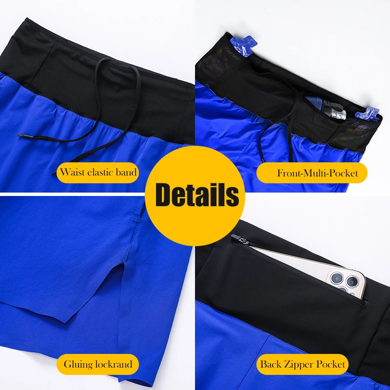 Travel Trekking Camping Hiking Sport Shorts Men 2 In 1 Quick Dry Training Fitness Multi-Pocket Marathon Shorts with Waist Pouch