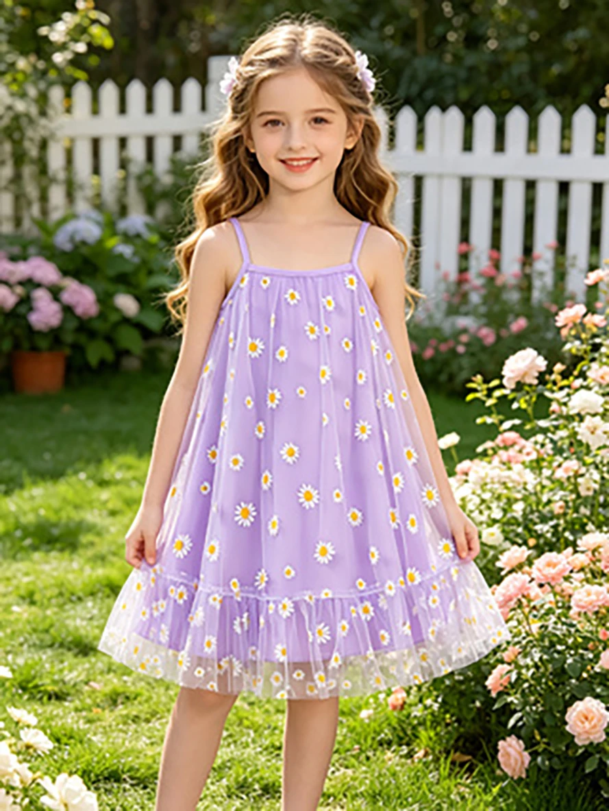 Purple Daisy Cami Dress for Girls, Summer Tulle Puff Princess Dress Kids Floral Dress