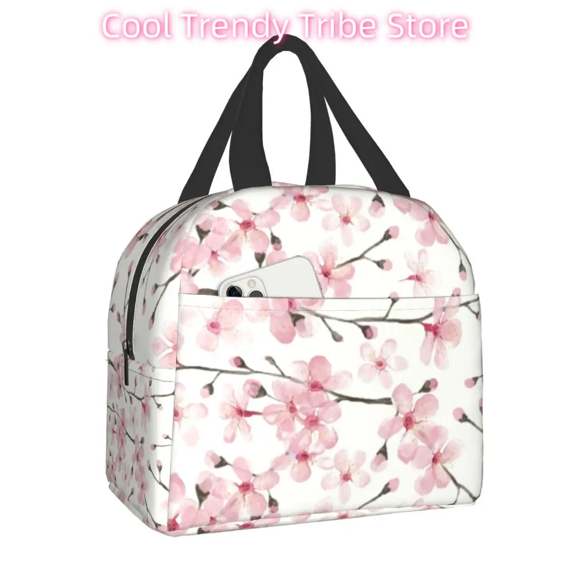 Japanese Cherry Blossom Insulated Lunch Bag for Women Floral Flower Resuable Cooler Thermal Food Lunch Box Work School Travel