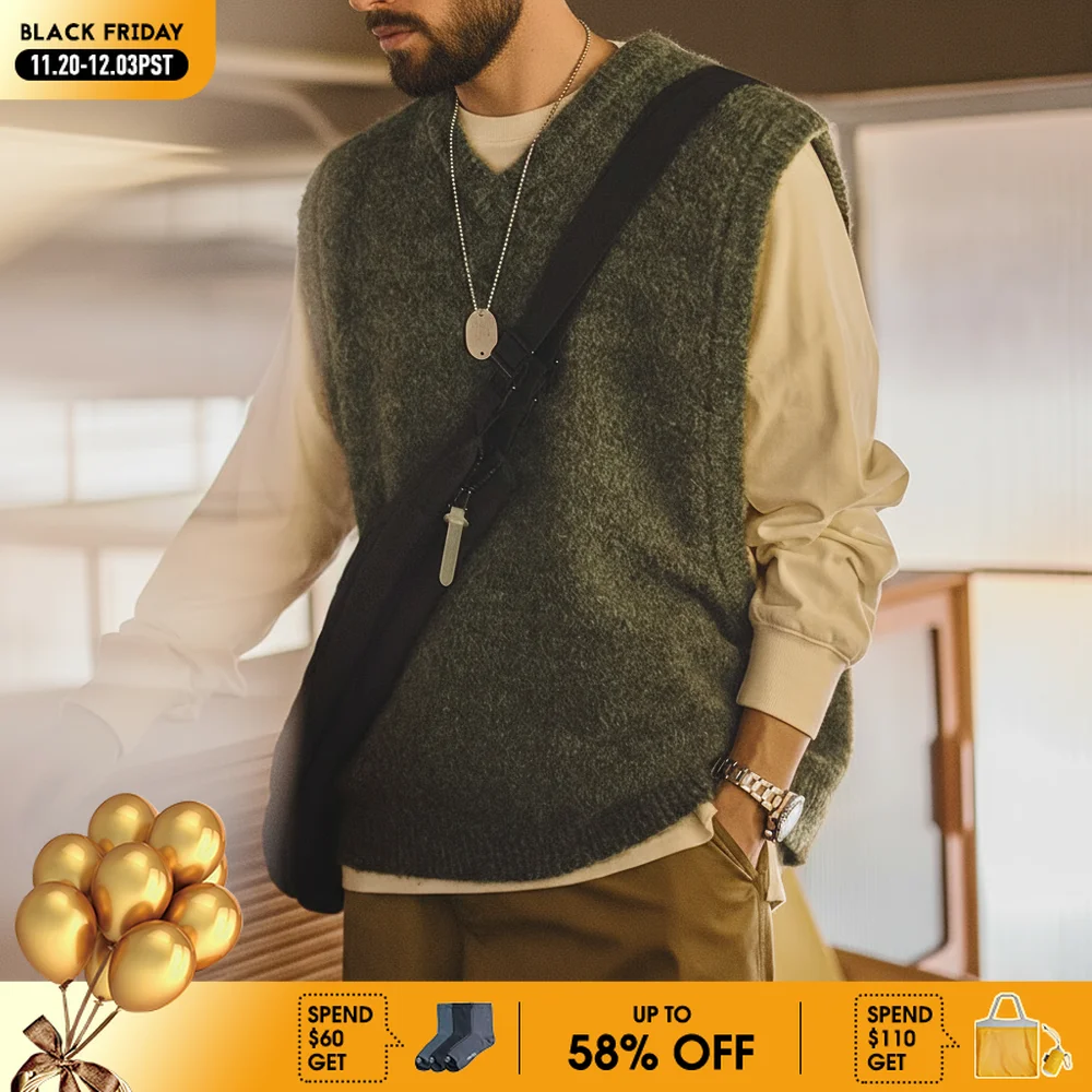 

Maden Men's Retro Knitted V-neck Vest for Layering Solid Pullover Warm Sleeveless Waistcoat for Fall and Winter Knitted Tops
