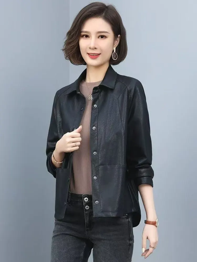 Spring 2025 ort Sle Women's Leather Jaet Motorbike Coat Flip Collar Faion Slim Fit Korean Version Haining Genuine Lea...