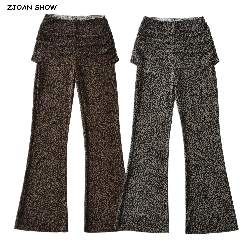 American Retro Leopard False 2 pieces Flare Pants Woman Elastic Waist Stretch Skinny Trousers Legging Bottom Blackgray Brown