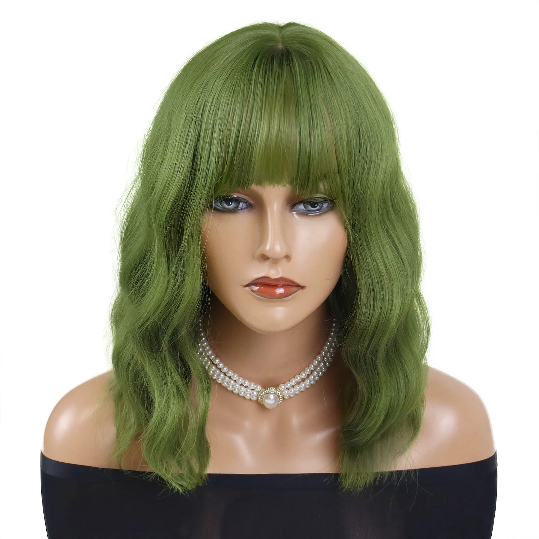 Short Bob Synthetic Green Wigs with Bangs for Women Realistic Wavy Wig Shoulder Length Cosplay Girls Lolita Wig Halloween Party