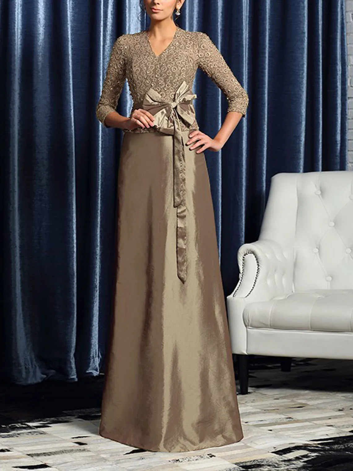 

Fashions Elegant A-Line Mother of the Bride Taffeta V-Neck Floor-Length Sequins Sash Wedding Guest Dress 2025 free customized